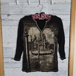 Y2K Blue Canyon Black Graphic Venice Italy Quarter Sleeve Shirt Size Medium